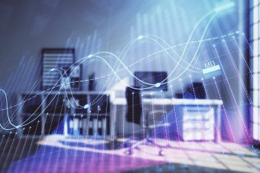 Minimalist kabine iç arka plan ile Forex grafik hologram. Çift pozlama. Hisse senedi piyasası konsepti.