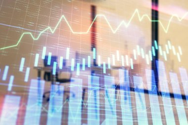 Minimalist kabine iç arka plan ile Forex grafik hologram. Çift pozlama. Hisse senedi piyasası konsepti.