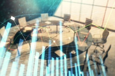 Konferans odası arka planda Forex çizelgesine çift pozlama. Hisse senedi piyasası analizi konsepti