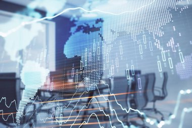 Konferans odası arka planda dünya hologram ile hisse senedi piyasası grafik çift pozlama. Uluslararası Finans konsepti