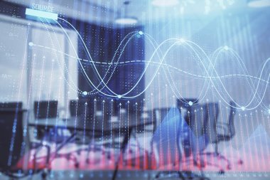 Konferans odası arka planda Forex çizelgesine çift pozlama. Hisse senedi piyasası analizi konsepti