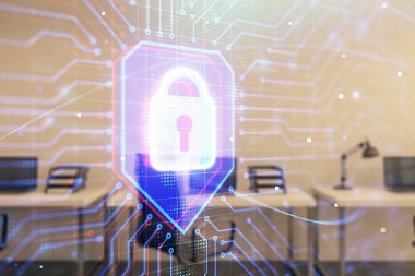 Arka planda ofis iç ile çizim kilit simgesi. Çift pozlama. Veri güvenliği kavramı