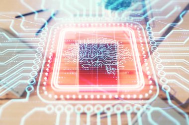 Dijital tablet, masa arka plan üzerinde çizim insan beyninin çift pozlama. Veri analizi kavramı