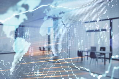 Stok ve tahvil piyasa grafik ve arka planda ticaret masası banka Ofisi İç ile dünya haritası. Çok pozlama. Uluslararası Finans konsepti