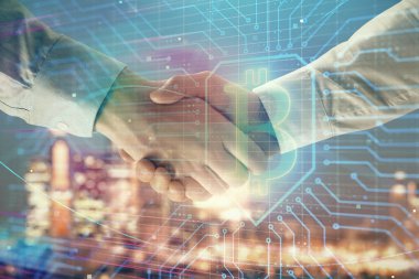 El sıkışması ile Cityscape arka planda kripto ekonomisi Tema çizim çift pozlama. Ortaklık ve Blockchain konsepti