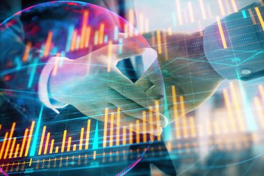 İki işadamı el sıkışması ile Cityscape arka planda mali grafik ve Dünya haritasına çift pozlama. Uluslararası yatırım konsepti