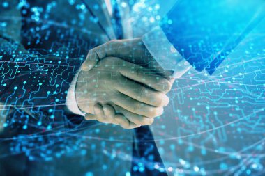 İki erkek el sıkışma ile soyut arka plan üzerinde teknoloji çizim çift pozlama. Modern iş dünyasında teknoloji kavramı