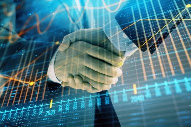 İki işadamı el sıkışması ile soyut arka planda Forex grafik Multi pozlama. Hisse senedi piyasasında başarı kavramı