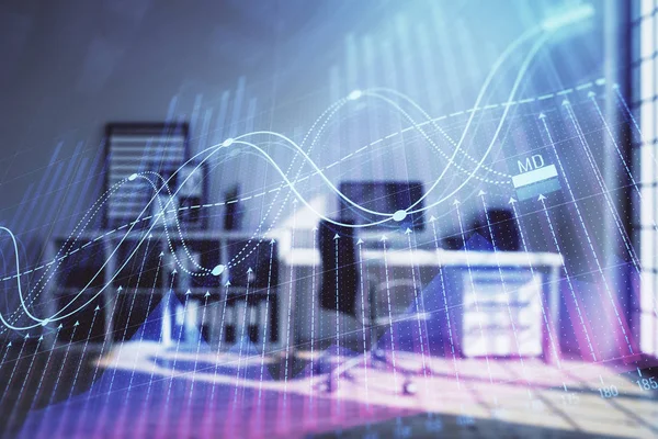 Minimalist kabine iç arka plan ile Forex grafik hologram. Çift pozlama. Hisse senedi piyasası konsepti.