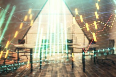 Konferans odası arka planda Forex çizelgesine çift pozlama. Hisse senedi piyasası analizi konsepti