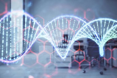 Arka planda ofis iç ile DNA çizim. Çifte pozlama. Eğitim kavramı