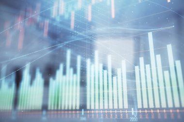 Ticaret masası banka ofisi iç arka planda stok piyasa şeması. Çift pozlama. Finansal analiz konsepti