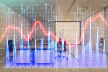 Ticaret masası banka ofisi iç arka planda stok piyasa şeması. Çift pozlama. Finansal analiz konsepti