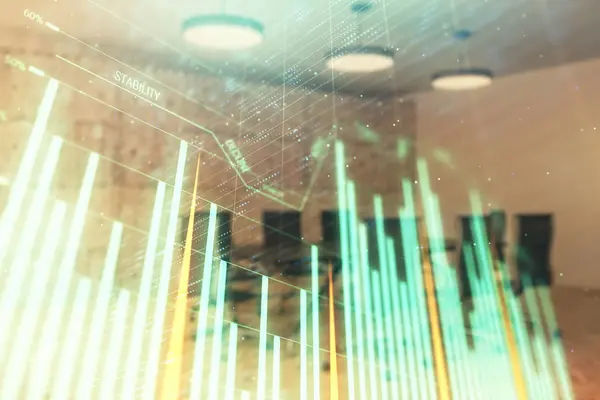 Multiexpozice grafu akciového trhu na pozadí konferenční místnosti. Koncepce finanční analýzy — Stock fotografie