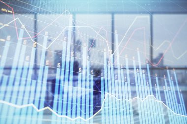 Minimalist kabine iç arka plan ile iş teması grafik hologram. Çift pozlama. Hisse senedi piyasası konsepti.