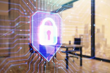 minimalist dolap iç arka plan ile kilit işareti hologram. Çifte pozlama. Veri güvenliği kavramı.