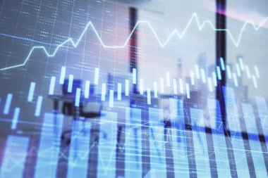 Minimalist kabine iç arka plan ile Forex grafik hologram. Çift pozlama. Hisse senedi piyasası konsepti.