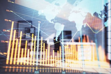 Harita ve minimalist kabine iç arka plan ile Forex grafik hologram. Çifte pozlama. Uluslararası iş kavramı.