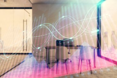 Minimalist kabine iç arka plan ile Forex grafik hologram. Çift pozlama. Hisse senedi piyasası konsepti.