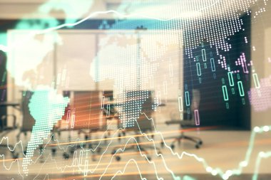 Konferans odası arka planda dünya hologram ile hisse senedi piyasası grafik çift pozlama. Uluslararası Finans konsepti