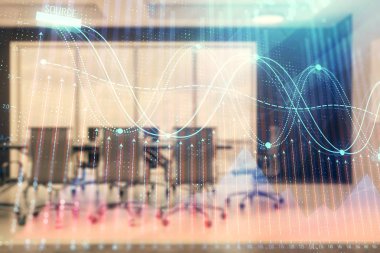 Konferans odası arka planda Forex çizelgesine çift pozlama. Hisse senedi piyasası analizi konsepti