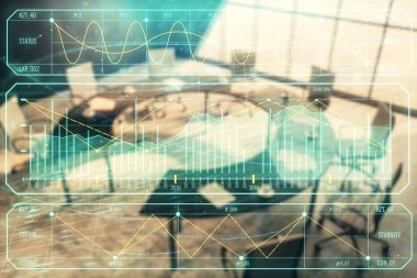 Konferans odası arka planda Forex çizelgesine çift pozlama. Hisse senedi piyasası analizi konsepti