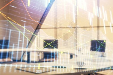 Konferans odası arka planda Forex çizelgesine çift pozlama. Hisse senedi piyasası analizi konsepti