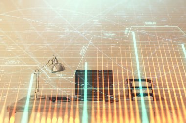 Hisse senedi piyasası grafik ve masaüstü ofis bilgisayar arka plan. Çok pozlama. Finansal analiz konsepti.