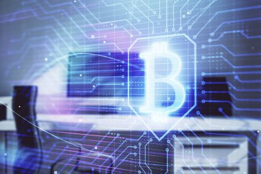 Masaüstü ofis arka plan ile Blockchain tema hologram. Çifte pozlama. Kripto iş konsepti.