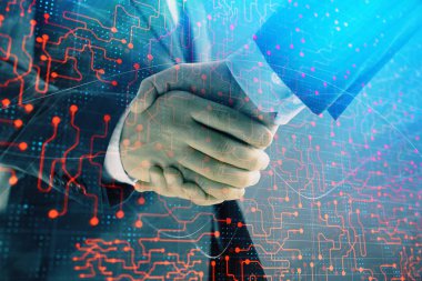 İki erkek el sıkışma ile soyut arka plan üzerinde teknoloji çizim çift pozlama. Modern iş dünyasında teknoloji kavramı