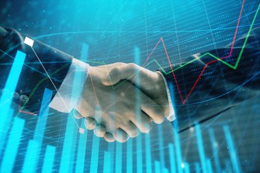 İki işadamı el sıkışması ile soyut arka planda Forex grafik Multi pozlama. Hisse senedi piyasasında başarı kavramı
