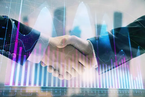 Double exposure of financial graph on cityscape background with two businessman handshake. Concept of stock market deal — Stock Photo, Image