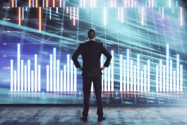 İşadamı ve forex grafik hologramı. Çifte pozlama. Finansal eğitim ve analiz kavramı