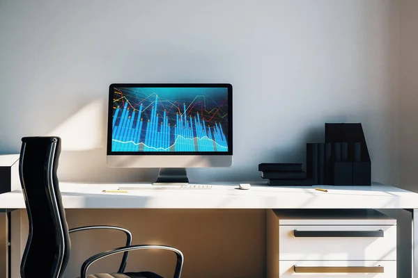 Interior de escritorio del gabinete con gráficos y gráficos financieros en la pantalla del ordenador. Concepto de análisis y negociación bursátil. renderizado 3d . —  Fotos de Stock