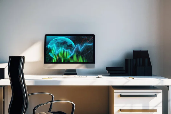 Gabinete interior de escritorio con gráficos financieros y mapa del mundo en la pantalla del ordenador. Concepto de análisis y comercio del mercado internacional. renderizado 3d . —  Fotos de Stock