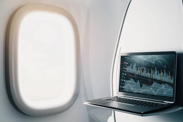 Laptop close up dentro do avião com gráfico forex na tela. Conceito de negociação de mercado financeiro. Renderização 3d . — Fotografia de Stock