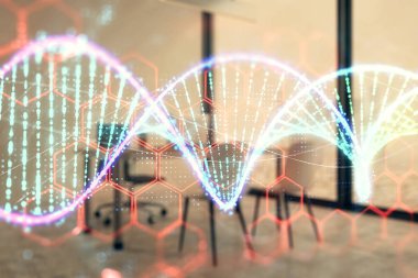 Minimalist dolap iç arka plan ile DNA hologramı. Çifte pozlama. Eğitim kavramı.