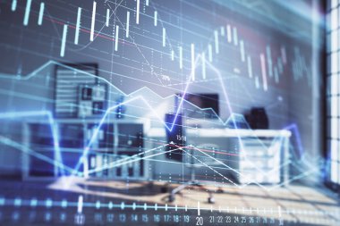 Minimalist kabine iç arka plan ile Forex grafik hologram. Çift pozlama. Hisse senedi piyasası konsepti.