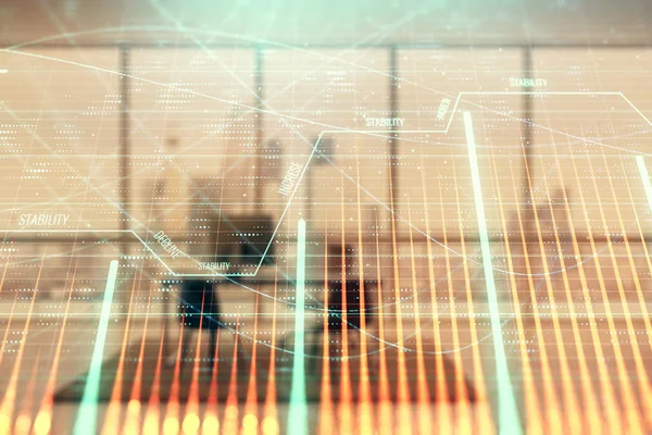 Minimalist kabine iç arka plan ile iş teması grafik hologram. Çift pozlama. Hisse senedi piyasası konsepti.