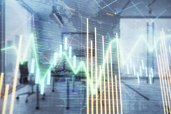 Forex diagram hologram med karta och minimalistiskt skåpinredning bakgrund. Dubbel exponering. Internationell affärsidé. — Stockfoto