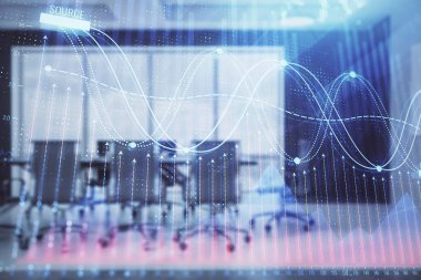 Konferans odası arka planda Forex çizelgesine çift pozlama. Hisse senedi piyasası analizi konsepti