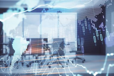 Konferans odası arka planda dünya hologram ile hisse senedi piyasası grafik çift pozlama. Uluslararası Finans konsepti