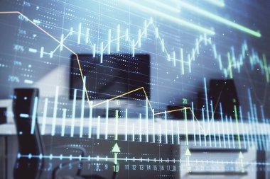 Hisse senedi piyasası grafik ve masaüstü ofis bilgisayar arka plan. Çok pozlama. Finansal analiz konsepti.