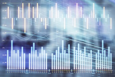Arka planda ticaret masası banka Ofisi İç ile stok ve tahvil piyasa grafiği. Çok pozlama. Finansal analiz konsepti