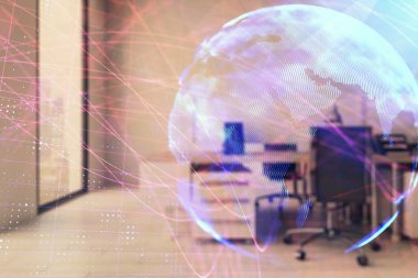 Arka planda ticaret masası banka ofisi iç dünya haritası. Çoklu pozlama. Uluslararası finans kavramı