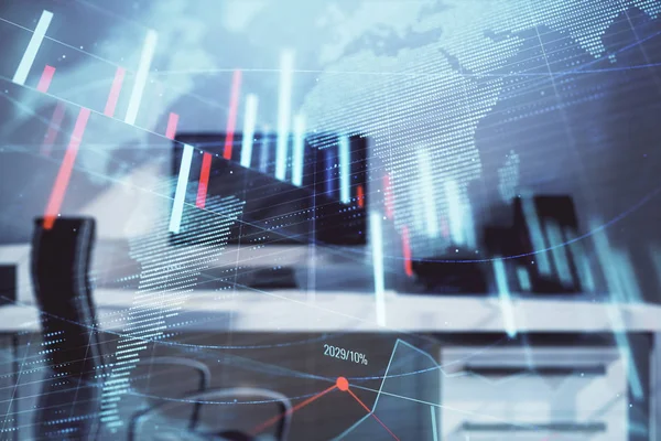 Börsdiagram med glob hologram och stationär kontors dator bakgrund. Multiexponering. Begreppet finansiell analys. — Stockfoto