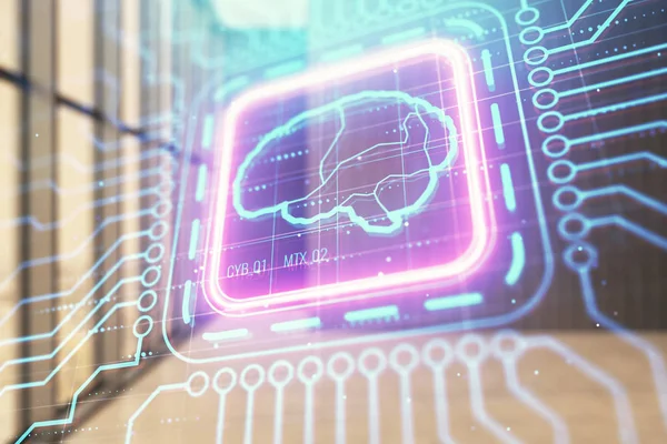 Boş oda iç arka planda beyin çizimleri hologram çift pozlama. Veri kavramı.