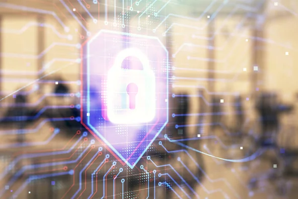 Arka planda ofis iç ile çizim kilit simgesi. Çift pozlama. Veri güvenliği kavramı