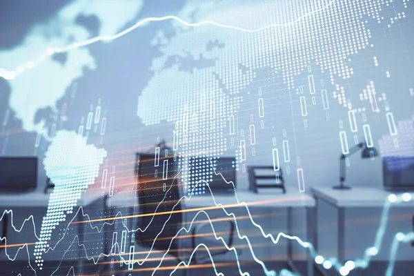 Stok ve tahvil piyasa grafik ve arka planda ticaret masası banka Ofisi İç ile dünya haritası. Çok pozlama. Uluslararası Finans konsepti