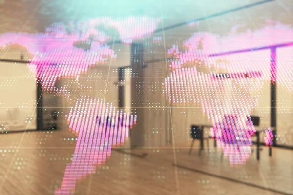 World map with trading desk bank office interior on background. Multi exposure. Concept of international finance